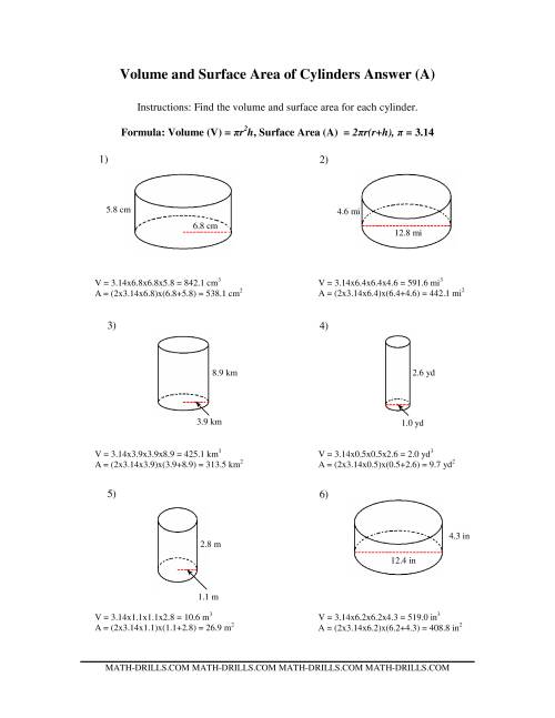 The Volume and Surface Area of Cylinders (Old) Math Worksheet Page 2