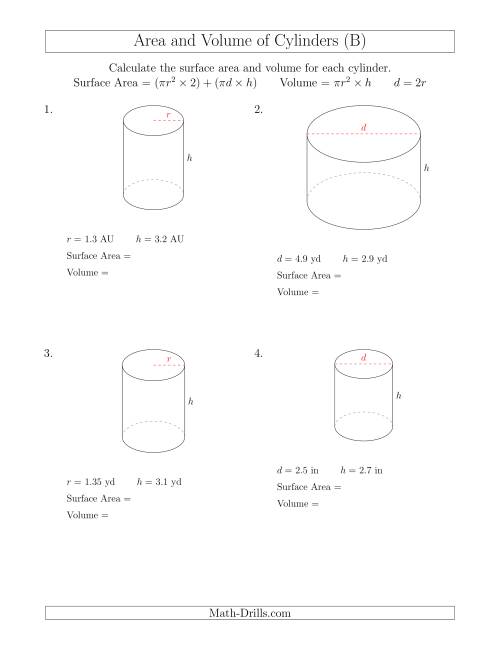 The Calculating Surface Area and Volume of Cylinders with Small Numbers (B) Math Worksheet