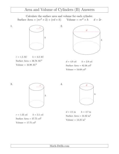 The Calculating Surface Area and Volume of Cylinders with Small Numbers (B) Math Worksheet Page 2