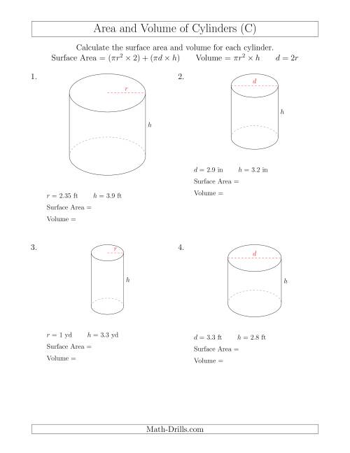 The Calculating Surface Area and Volume of Cylinders with Small Numbers (C) Math Worksheet