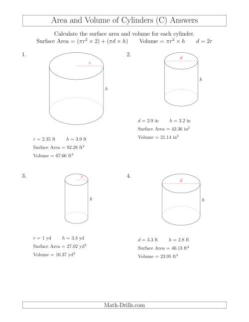 The Calculating Surface Area and Volume of Cylinders with Small Numbers (C) Math Worksheet Page 2
