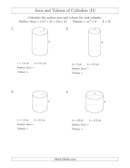 The Calculating Surface Area and Volume of Cylinders with Small Numbers (D) Math Worksheet