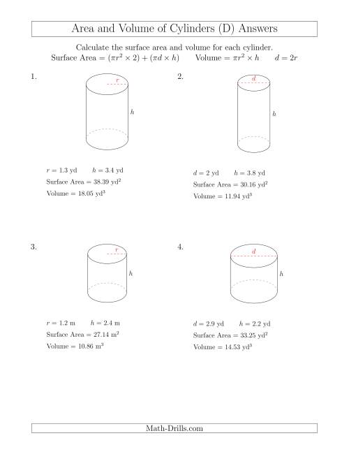 The Calculating Surface Area and Volume of Cylinders with Small Numbers (D) Math Worksheet Page 2