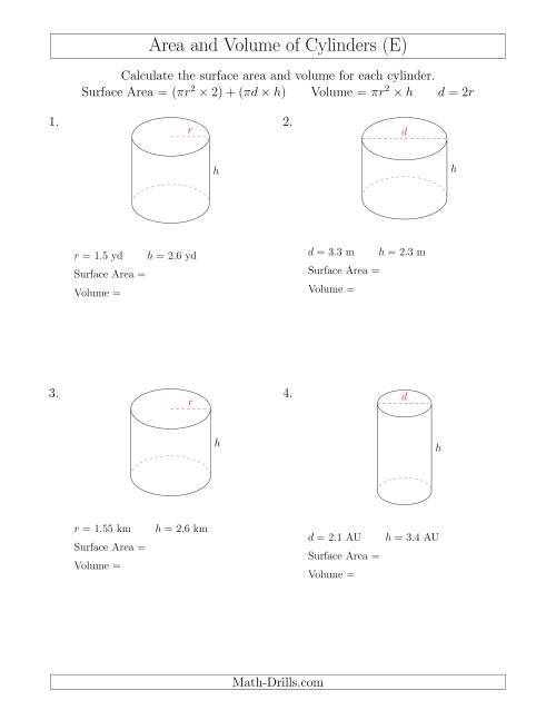 The Calculating Surface Area and Volume of Cylinders with Small Numbers (E) Math Worksheet