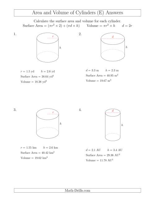 The Calculating Surface Area and Volume of Cylinders with Small Numbers (E) Math Worksheet Page 2