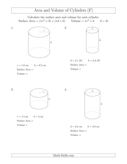 The Calculating Surface Area and Volume of Cylinders with Small Numbers (F) Math Worksheet