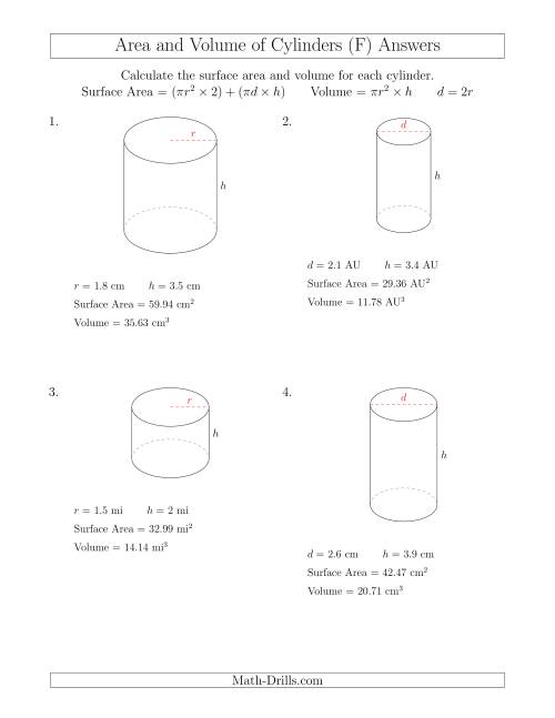 The Calculating Surface Area and Volume of Cylinders with Small Numbers (F) Math Worksheet Page 2