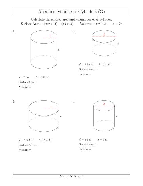 The Calculating Surface Area and Volume of Cylinders with Small Numbers (G) Math Worksheet