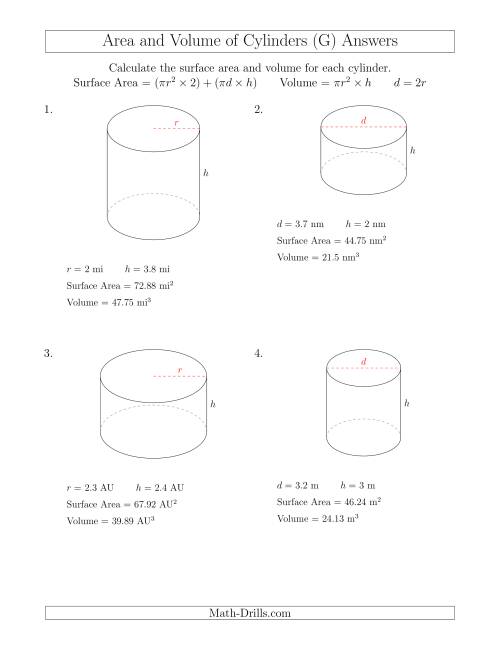 The Calculating Surface Area and Volume of Cylinders with Small Numbers (G) Math Worksheet Page 2