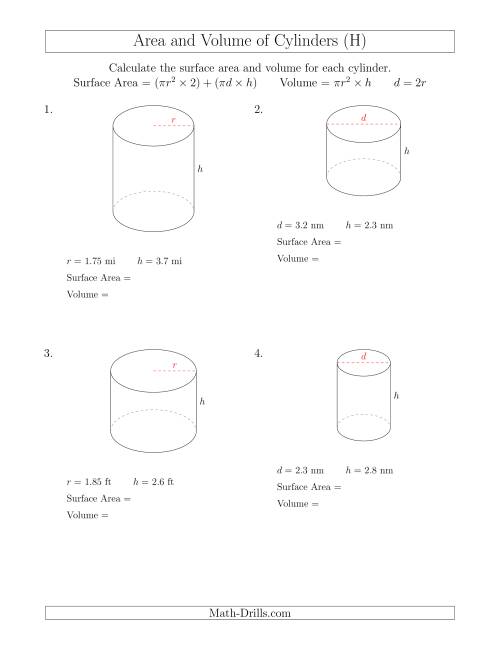 The Calculating Surface Area and Volume of Cylinders with Small Numbers (H) Math Worksheet