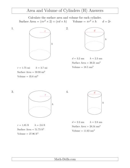 The Calculating Surface Area and Volume of Cylinders with Small Numbers (H) Math Worksheet Page 2