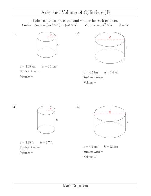 The Calculating Surface Area and Volume of Cylinders with Small Numbers (I) Math Worksheet