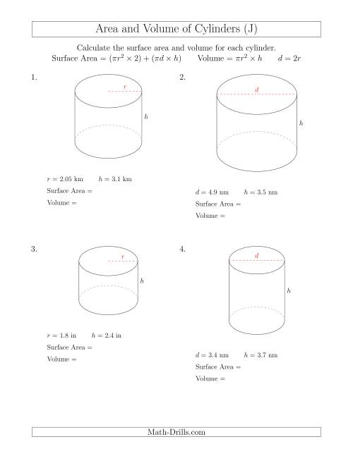 The Calculating Surface Area and Volume of Cylinders with Small Numbers (J) Math Worksheet
