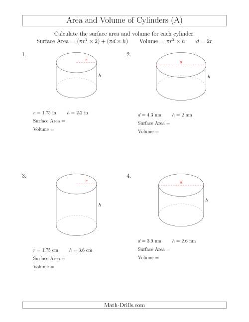 The Calculating Surface Area and Volume of Cylinders with Small Numbers (All) Math Worksheet