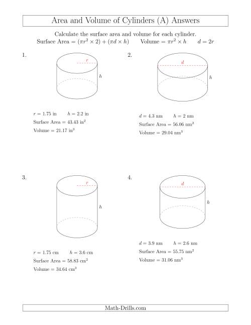 The Calculating Surface Area and Volume of Cylinders with Small Numbers (All) Math Worksheet Page 2