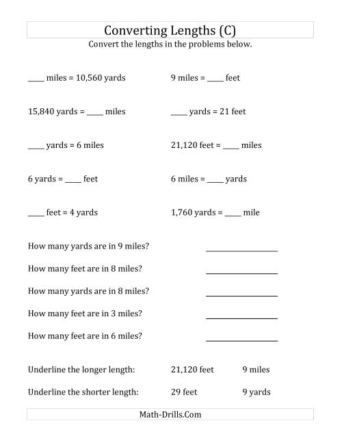 The Converting Between U.S. Feet, Yards and Miles (C) Math Worksheet