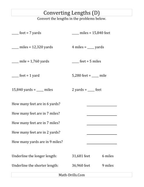 The Converting Between U.S. Feet, Yards and Miles (D) Math Worksheet