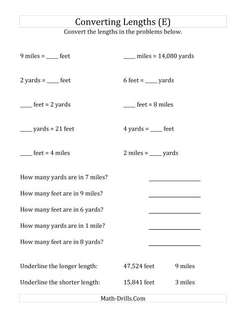 The Converting Between U.S. Feet, Yards and Miles (E) Math Worksheet