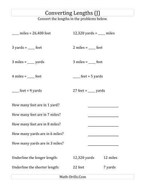 The Converting Between U.S. Feet, Yards and Miles (J) Math Worksheet