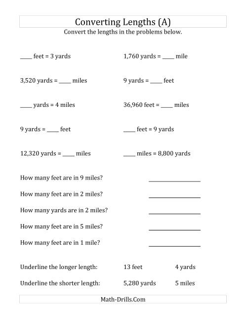 The Converting Between U.S. Feet, Yards and Miles (All) Math Worksheet