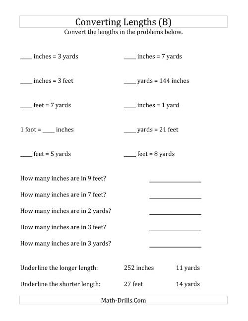 The Converting Between U.S. Inches, Feet and Yards (B) Math Worksheet