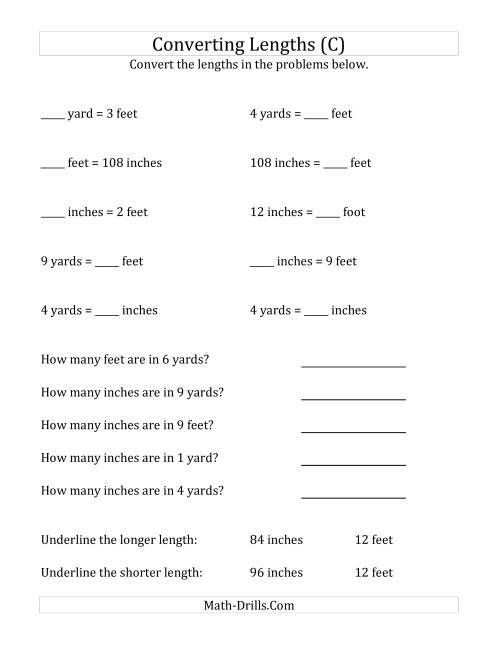 The Converting Between U.S. Inches, Feet and Yards (C) Math Worksheet