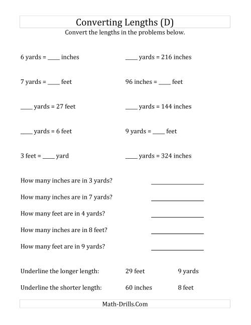 The Converting Between U.S. Inches, Feet and Yards (D) Math Worksheet