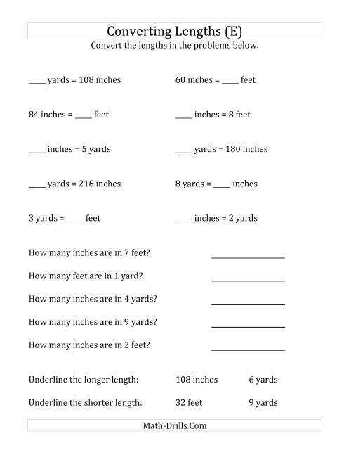 The Converting Between U.S. Inches, Feet and Yards (E) Math Worksheet