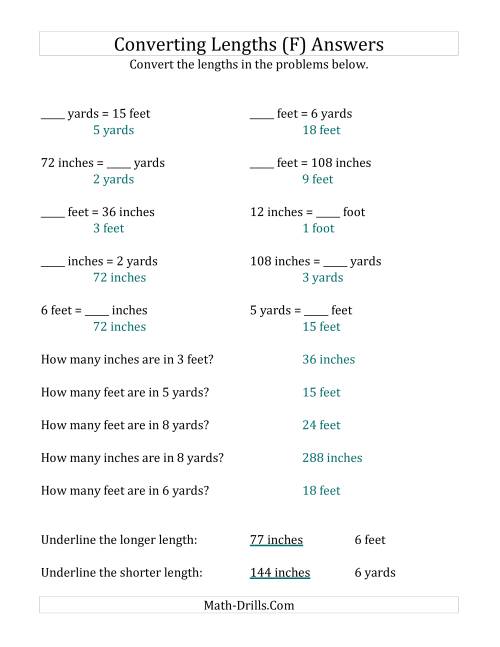 The Converting Between U.S. Inches, Feet and Yards (F) Math Worksheet Page 2