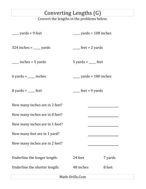 The Converting Between U.S. Inches, Feet and Yards (G) Math Worksheet