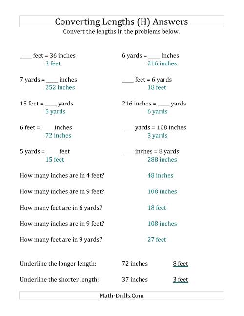 The Converting Between U.S. Inches, Feet and Yards (H) Math Worksheet Page 2