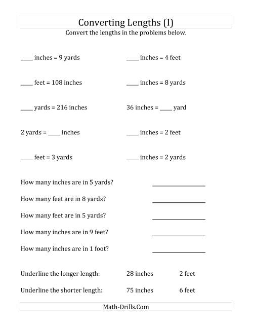 The Converting Between U.S. Inches, Feet and Yards (I) Math Worksheet