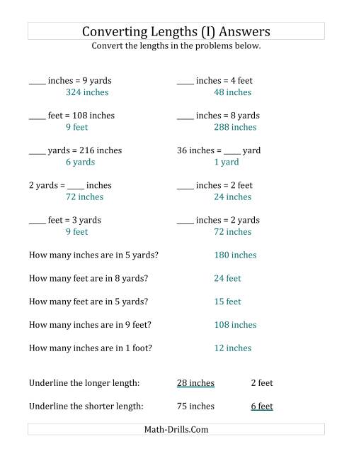The Converting Between U.S. Inches, Feet and Yards (I) Math Worksheet Page 2