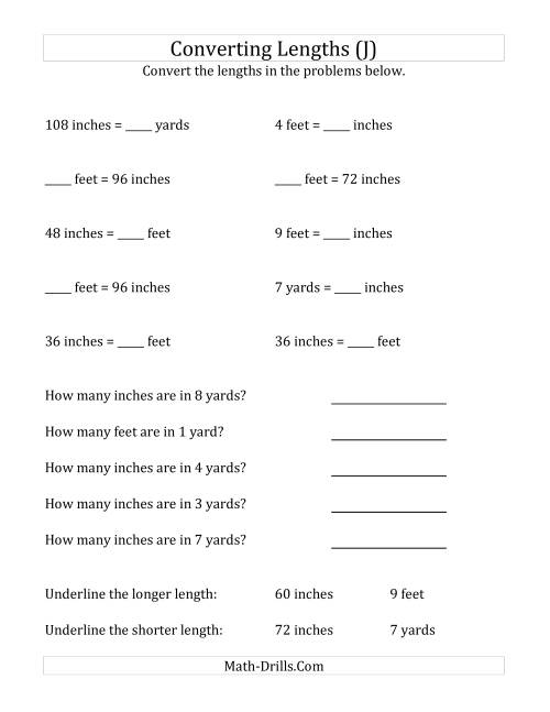 The Converting Between U.S. Inches, Feet and Yards (J) Math Worksheet
