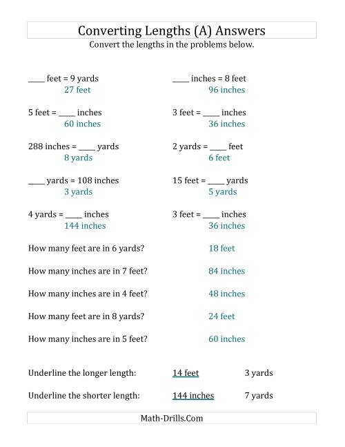The Converting Between U.S. Inches, Feet and Yards (All) Math Worksheet Page 2