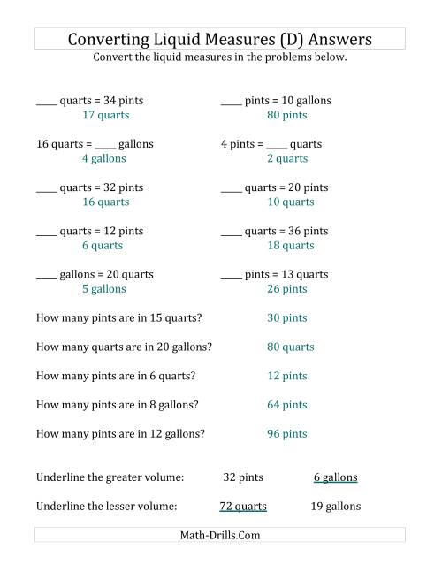 The Converting U.S. Pints, Quarts and Gallons (D) Math Worksheet Page 2