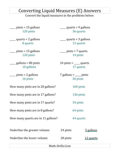 The Converting U.S. Pints, Quarts and Gallons (E) Math Worksheet Page 2
