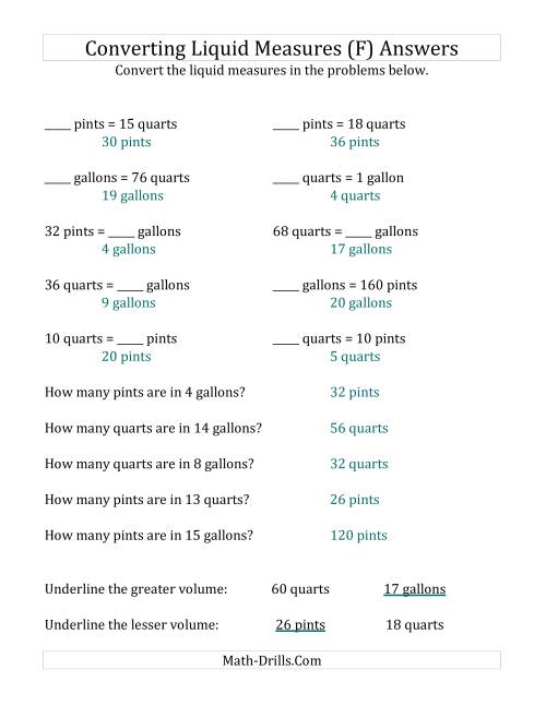 The Converting U.S. Pints, Quarts and Gallons (F) Math Worksheet Page 2