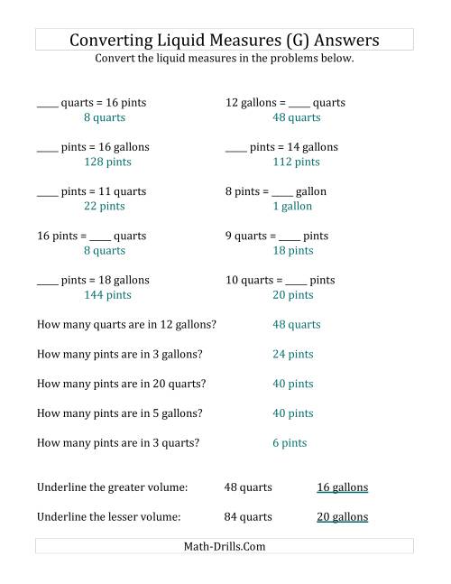 The Converting U.S. Pints, Quarts and Gallons (G) Math Worksheet Page 2