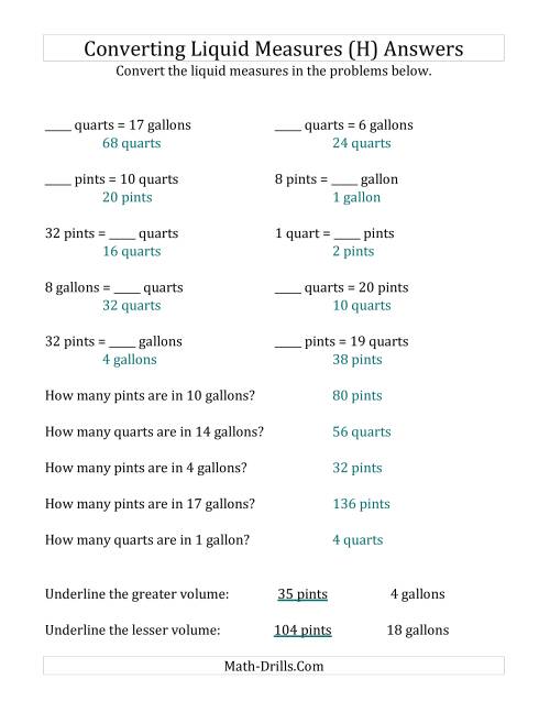 The Converting U.S. Pints, Quarts and Gallons (H) Math Worksheet Page 2