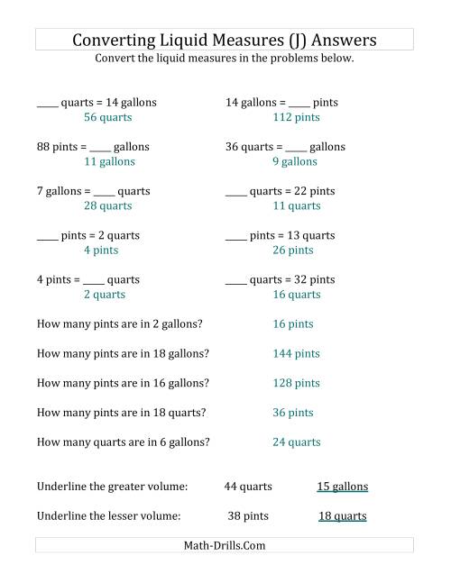 The Converting U.S. Pints, Quarts and Gallons (J) Math Worksheet Page 2