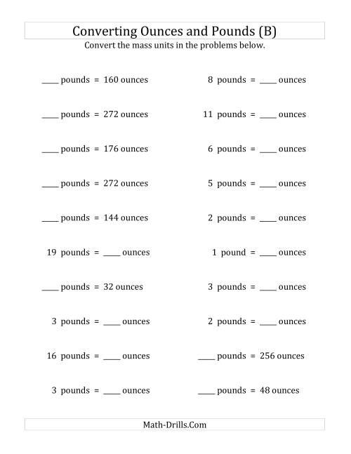 The Convert Between Ounces and Pounds (B) Math Worksheet