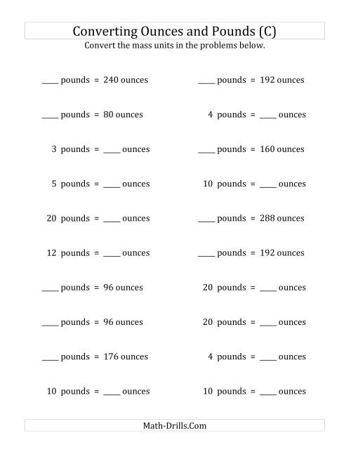 The Convert Between Ounces and Pounds (C) Math Worksheet