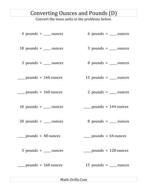 The Convert Between Ounces and Pounds (D) Math Worksheet