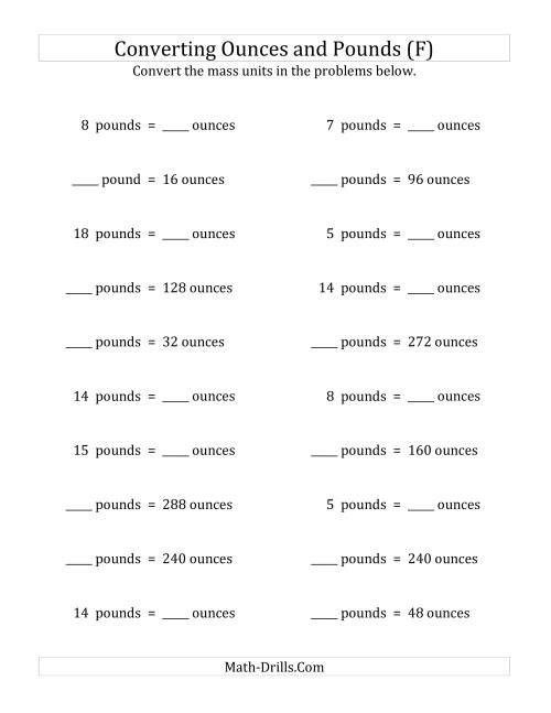 The Convert Between Ounces and Pounds (F) Math Worksheet