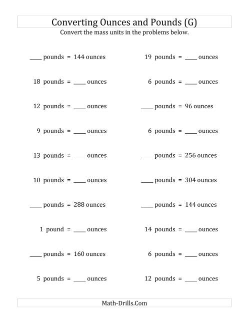 The Convert Between Ounces and Pounds (G) Math Worksheet