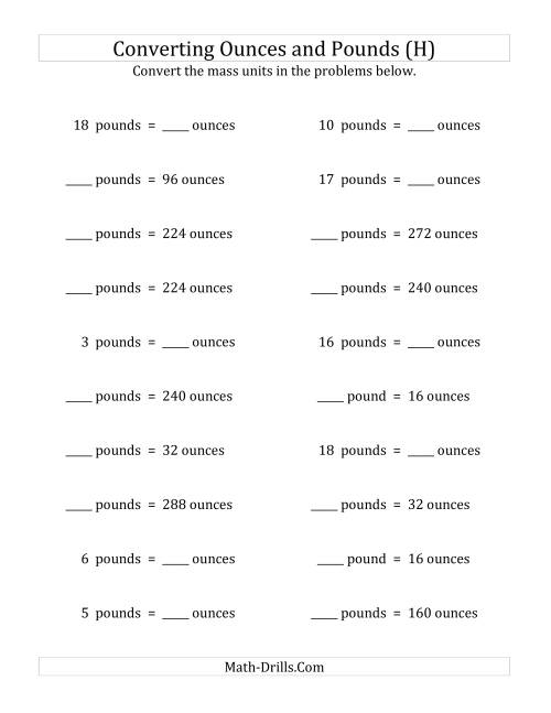 The Convert Between Ounces and Pounds (H) Math Worksheet