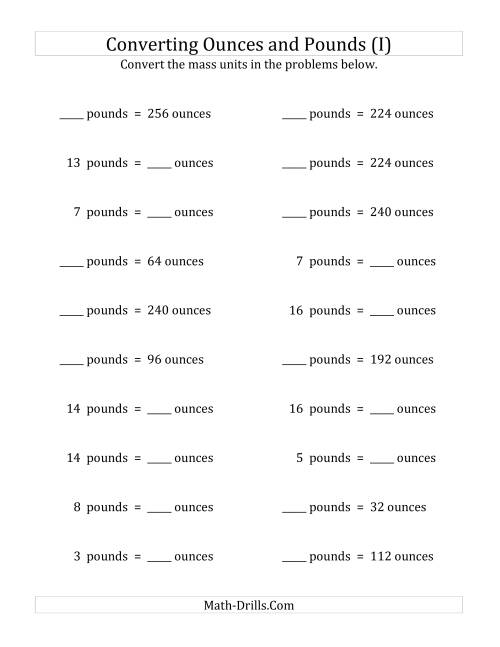The Convert Between Ounces and Pounds (I) Math Worksheet