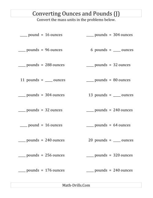 The Convert Between Ounces and Pounds (J) Math Worksheet