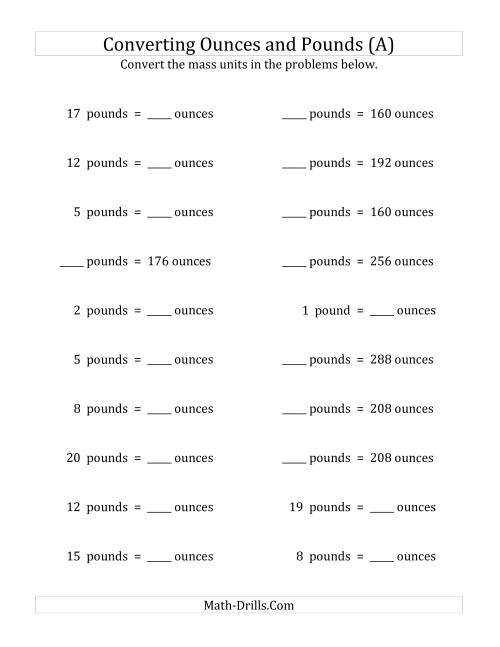 The Convert Between Ounces and Pounds (All) Math Worksheet